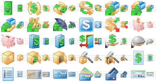 accounting development icons - dollar bundle, money turnover, exchange, conversion of currency, trade, sell, purchase, capital gains, insurance, finance, investment, piggy bank, empty piggy bank, bank building, bank, in-home banking, bank service, service, safe, open safe, empty safe, break safe, broken safe, price list, list, personal smartcard, visa card, credit cards, bank cards, cheque icon