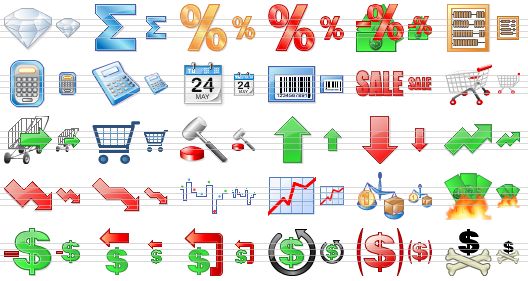 accounting development icons - diamond, sum, percent, red percent, tax, abacus, calculator, calc, calendar, barcode, sale, shopping cart, check out cart, cart, auction, raise, fall, growth, recession, economic crisis, stock market, stock information, market, fire damage, debt, refund, refunds, chargeback, breakages, bad debts icon
