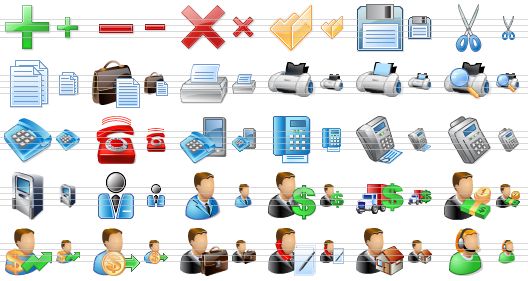 accounting development icons - add, remove, delete, open, save, cut, copy, paste, laser printer, printer, print, print preview, phone, call, phones, fax machine, fax, card terminal, atm, person, agent, personal loan, freight charges, financier, investor, buyer, book-keeper, businessman, realtor, receptionist icon