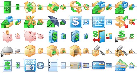 accounting toolbar icons - dollar bundle, money turnover, exchange, conversion of currency, trade, sell, purchase, capital gains, insurance, finance, economics, investment, piggy bank, empty piggy bank, bank building, bank, in-home banking, bank service, service, safe, open safe, empty safe, break safe, broken safe, price list, price, list, personal smartcard, visa card, credit cards icon