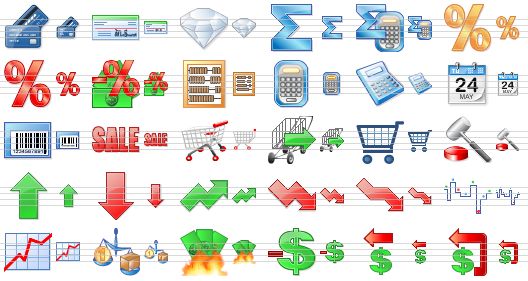 accounting toolbar icons - bank cards, cheque, diamond, sum, math, percent, red percent, tax, abacus, calculator, calc, calendar, barcode, sale, shopping cart, check out cart, cart, auction, raise, fall, growth, recession, economic crisis, stock market, stock information, market, fire damage, debt, refund, refunds icon