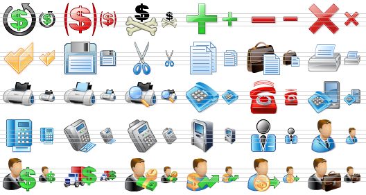 accounting toolbar icons - chargeback, breakages, bad debts, add, remove, delete, open, save, cut, copy, paste, laser printer, printer, print, print preview, phone, call, phones, fax machine, fax, card terminal, atm, person, agent, personal loan, freight charges, financier, investor, buyer, book-keeper icon
