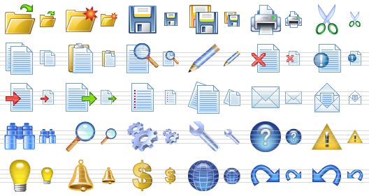 application toolbar icons - open, new folder, save, save all, print, cut, copy, paste, preview, edit, close document, about, import, export, list, reports, support, mail, find, search, function, options, help, warning, hint, alarm, dollar, globe, redo, undo icon