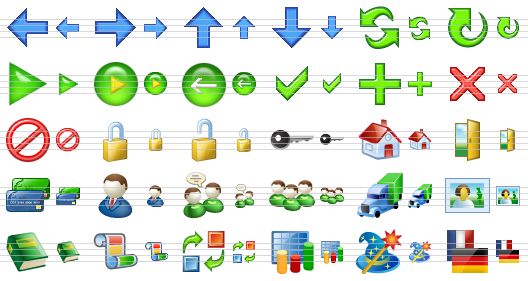application toolbar icons - left, right, up, down, refresh, update, start, run, back, ok, add, delete, stop, lock, unlock, secured, home, exit, credit cards, user, meeting, user group, trailer, image, book, slideshow, replace, bar chart, wizard, language icon