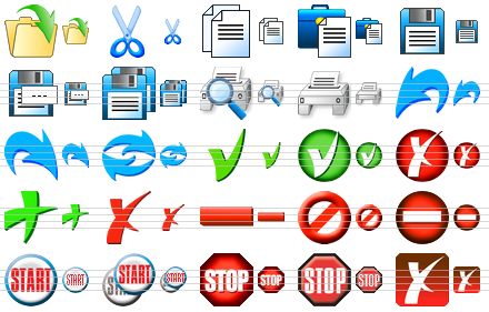 artistic toolbar icons - open file, cut, copy, paste, save file, save as, save all, print preview, printer, undo, redo, refresh, yes, ok, cancel, add, delete, remove, no, no entry, start, restart, stop, stop v2, close icon