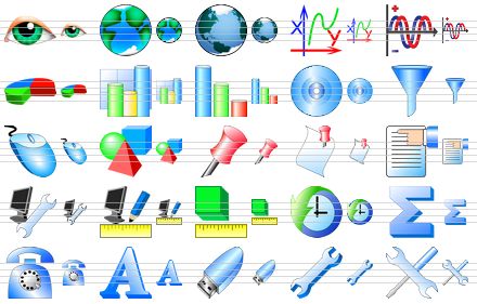 artistic toolbar icons - eye, earth, earth v2, chart, graph, pie chart, 3d bar chart, bar graph, cd-disk, filter, mouse, objects, red pin, sticker, properties, repair computer, screen settings, units, history, sum, phone, text, usb flash drive, wrench, options icon