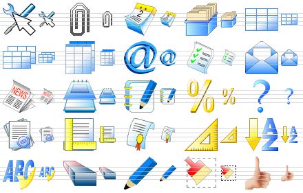 artistic toolbar icons - configuration, attachment, calendar, card file, table, tables, datasheets, e-mail, list, mail, newspaper, notepad, notes, percent, question, report, rulers, certification, set square, sorting a-z, spell checking, eraser, pencil, clear, good mark icon