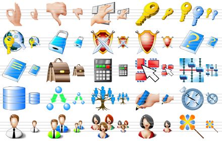 artistic toolbar icons - okay, bad mark, login, registration, keys, internet access, lock, shield and swords, shield, help, book, brief case, calculator, hardware, equalizer, database, flow block, genealogy, signature, timer, user, users, user group, user profile, wizard icon