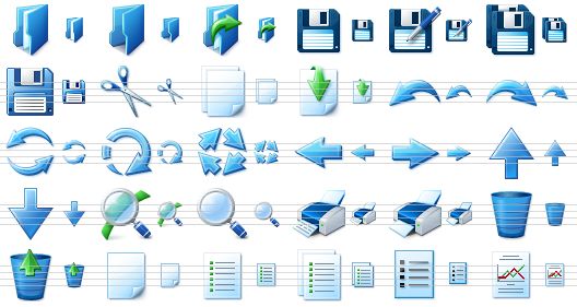 basic toolbar icons - documents, folder, open, save, save as, save all, floppy, cut, copy, paste, undo, redo, refresh, update, synchronize, go back, go forward, up, down, preview, view, print, printer, delete, undelete, new, list, lists, items, report icon