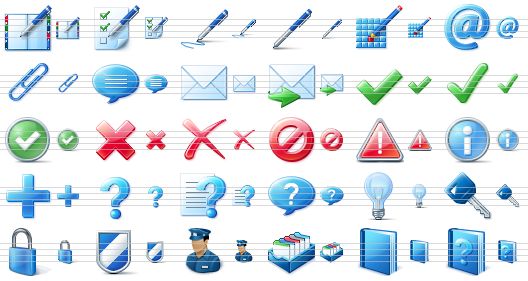 basic toolbar icons - notebook, order, notes, edit, pixel editor, e-mail, attach, message, letter, send letter, yes, apply, ok, cancel, erase, no, error, info, add, help, how to, hint, tip of the day, key, lock, shield, police officer, card file, book, help book icon