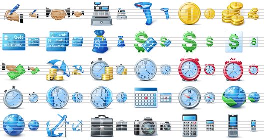 basic toolbar icons - signature, handshake, cash register, bar-code scanner, coin, coins, credit card, credit cards, money bag, money, dollar, price list, payment, insurance, credit, clock, alarm clock, alarm, timer, history, schedule, calendar, compass, web, globe, anchor, brief case, camera, calculator, mobile phone icon