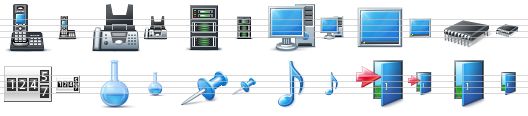 basic toolbar icons - phone, fax, server, computer, desktop, chip, counter, retort, pin, music note, exit, open door icon