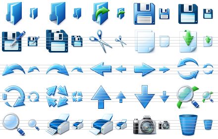 blue icon library - documents, folder, open, floppy, save, save as, save all, cut, copy, paste, undo, redo, go back, go forward, refresh, update, synchronize, up, down, preview, view, print, printer, camera, delete icon