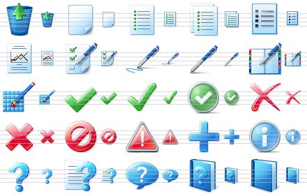 blue icon library - undelete, new, list, lists, items, report, order, notes, edit, notebook, pixel editor, yes, apply, ok, erase, cancel, no, error, add, info, help, how to, hint, help book, book icon