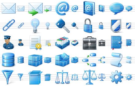 blue icon library - letter, send letter, e-mail, address book, message, attach, tip of the day, key, lock, shield, police officer, certificate, card file, brief case, pocket-book, database, cube, registry, relations, script, filter, package, balance, scales, configuration icon