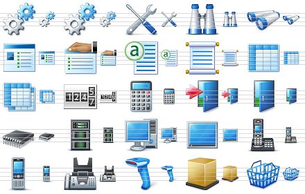 blue icon library - options, settings, tools, search, find, about, properties, attribute, scenario, table, tables, counter, calculator, exit, open door, chip, server, computer, desktop, phone, mobile phone, fax, bar-code scanner, pallet, basket icon