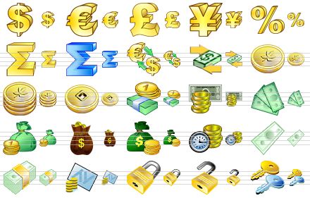 business icon set - dollar, euro, pound sterling, yen, percent, sum, sum v2, conversion of currency, exchange, coin, coins, fengshui coin, money, money v2, money v3, money bag, money bag v2, money bag v3, income, banknote, bundle, collection of a check, lock, open lock, keys icon