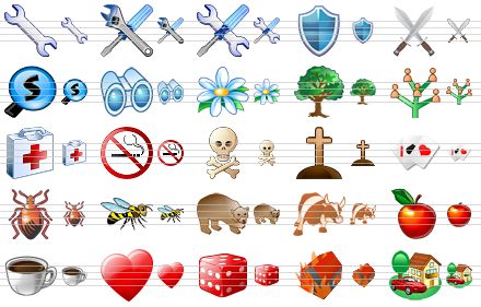business icon set - wrench, options, settings, shield, swords, search, binoculars, flower, tree, genealogy, first-aid, no smoking, death, grave, playing cards, bug, bee, bear, bull, apple, coffee, favorites, luck, disaster, property icon