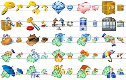 business icon set - registration, key and lock, diamond, piggy-bank, safe, safecrack, auction, trading, atm, bank, purse, bankruptcy, trade, purchase, payment, pay, credit, fire damage, burn money, umbrella, insurance, medical insurance, interest on deposit, mortgage loan, personal loan icon
