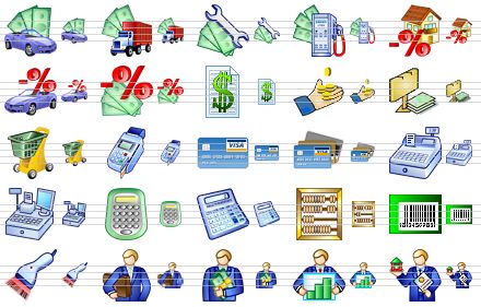 business icon set - automobile loan, transportation costs, repair costs, fuel expenses, mortgage loan interest payment, automobile loan interest payment, tax, price list, earnings, advertisement, hand cart, card terminal, visa card, credit cards, cash register, cash register v2, calculator, calculator v2, book-keeping, bar-code, bar-code scanner, accountant, financier, marketer, realtor icon