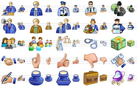 business icon set - notary, book-keeper, police-officer, security guard, thief, publicity agent, engineer, managers, market woman, unemployed, customers, meeting, themis, handcuffs, gift, handshake, ok, good mark, bad mark, login, signature, stamp, rectangular stamp, brief case, baby carriage icon