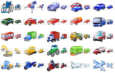 business icon set - wheelchair, car keys, car, cars, jeep, hummer, cabriolet, pick-up, laden pick-up, bus, red bus, panel truck, trailer, lorry, ambulance car, excavator, bulldozer, wheeled tractor, train, tank truck, fork-lift truck, motorcycle, courier, air-freighter, airplane icon