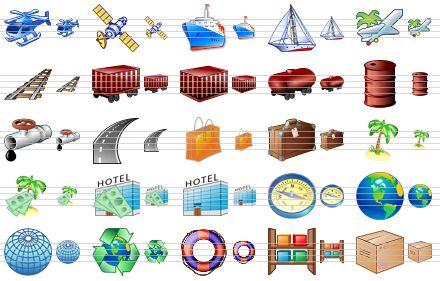 business icon set - helicopter, satellite, ship, yacht, air-tickets, railway, freight car, freight container, tank-wagon, metal barrel, pipe line, road, handbag, baggage, coconut tree, tourist industry, tourist business, hotel, compass, earth, globe, recycling, ring-buoy, goods, box icon