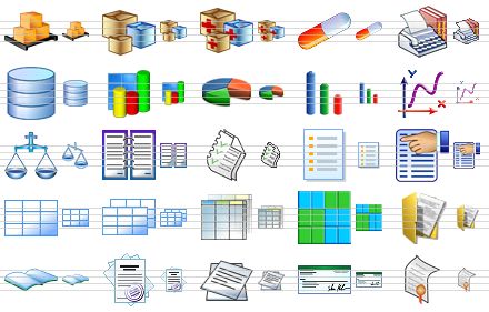 business icon set - pallet, store, medical store, pill, e-books, database, 3d bar chart, pie chart, bar graph, chart, balance, blanks, list, list v2, properties, table, tables, table v2, table v3, documents, book of record, report, reports, cheque, certificate icon