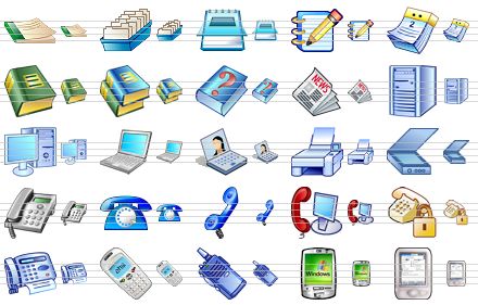 business icon set - case history, card file, notepad, notes, calendar, book, account books, help, newspaper, server, computer, notebook, visual communication, printer, scanner, phone, telephone, telephone receiver, phone support, voice identification, fax, cellphone, portable radio transmitter, pda, palm icon