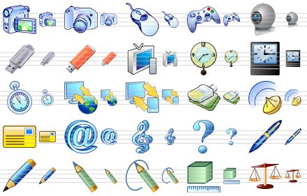 business icon set - camcorder, camera, mouse, gamepad, web-camera, usb-drive, flash drive, tv, clock, clock v2, timer, pc-web synchronization, pc-pda synchronization, internet payment, radio transmitter v2, message, e-mail, music, question, pen, pencil, green pencil, writing pencil, units, scales icon