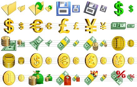 business software icons - folder, open file, save file, floppy disk, green dollar, dollar, euro, pound sterling, yen, dollars, money, banknote, bundle, cash, coin, coins, dollar coin, euro coin, pound coin, yen coin, one coin, money bag, account id, burn money, capital gains icon