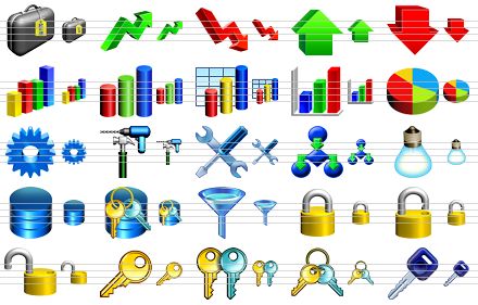 business software icons - baggage, increase, recession, up, down, 3d graph, bar graph, 3d bar chart, bar chart, pie chart, configuration, equipment, options, flow block, tip of the day, database, database access, filter, lock, unlock, open lock, key, key copy, keys, car key icon