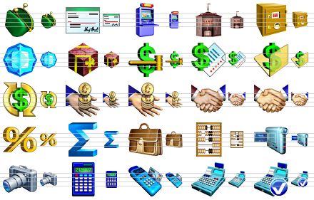 business software icons - bankruptcy, cheque, atm, bank, safe, diamond, gift, auction, price list, money folder, money turnover, earnings, earnings v2, handshake, handshake v2, percent, sum, brief case, book-keeping, camcorder, camera, calculator, card terminal, cash register, confirm orders icon