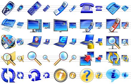 business software icons - cellphone, cell phone, telephone receiver, phone, telephone, fax, computer, desktop, monitor and phone, phone support, voip, visual communication, internet company, locked notebook, find in computer, find in folder, search, zoom, data transmission, server synchronization, circulation, update, info, query, about icon