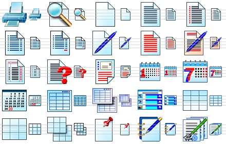 business software icons - print, preview, empty document, text document, list, items, new item, edit document, event manager, order form, statement, query runner, create order, calendar, week, period end, form, forms, web site, datasheet, table, tables, stick, notes, contracts icon