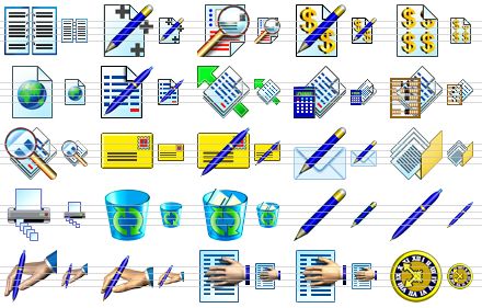 business software icons - blanks, object manager, order analisis, edit prices, credit report, web page, new stake, export stakes, stake calculation, calc stakes, view stakes, message, edit message, write e-mail, documents, shredder, empty dustbin, full dustbin, edit, pen, signature, signature v2, properties, properties v2, time icon