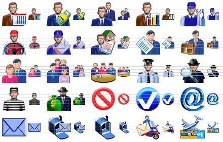 business software icons - appointment, financier, managers, marketer, motor mechanic, driver, postman, realtor, client list, accountant, clients, customers, conference, police-officer, detective, prisoner, thief, no, ok, e-mail, letter, mail box, empty mail box, courier, air ticket icon
