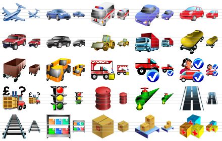 business software icons - airplane, car, ambulance car, blue car, red car, hammer, jeep, bulldozer, delivery, tank wagon, freight car, truck crane, crane truck, accept auto transactions, order tracking, storage rate maintenance, traffic lights, metal barrel, pipe-line, road, railway, goods, box, pallet, medical store icon