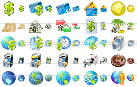 business icons for vista - dollar, money, credit card, credit cards, coin, coins, cash, exchange, price list, travel industry, tourist industry, tourist business, credit, insurance, atm, empty atm, atm loading, low cash atm, lost communications, casino, world, earth, globe, web, online contacts icon