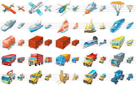 business icons for vista - airplane, satellite, helicopter, rocket, parachute, ship, boat, yacht, sail, train, tank wagon, freight car, freight container, subway, bus, red bus, delivery, cargo, lorry, panel truck, tow truck, crane truck, forklift truck, tank truck, wheeled tractor icon