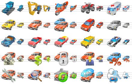 business icons for vista - catterpillar tractor, excavator, motorcycle, utility atv, ambulance car, taxi, car, cars, jeep, silver car, cabriolet, pick-up, laden pick-up, hummer, police car, automobile loan, rent a car, car guard, car buyer, automobile loan interest payment, car repair, find car, car utilization, auto insurance, car key icon