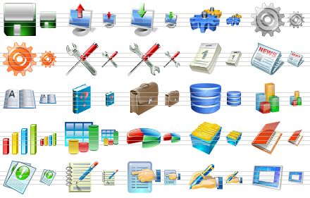 business icons for vista - save, load data, save data, gears, gear, red gear, options, settings, calendar, newspaper, address book, help book, brief case, database, statistics, 3d graph, 3d bar chart, pie chart, card file, case history, reports, notes, properties, signature, desktop icon