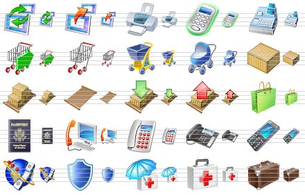 business icons for vista - data synchronization, data transmission, printer, calculator, cash register, check out cart, shopping cart, hand cart, baby carriage, box, laden pallet, empty pallet, loading, unloading, buyer bag, passport, phone support, phone, office phone, mobile phone, voip, shield, medical insurance, first aid, baggage icon