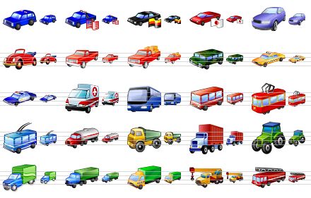 car icon library - jeep, american car, german car, japanese car, car, cabriolet, pick-up, laden pick-up, hummer, taxi, police car, ambulance car, bus, bus v2, tram, trolley bus, tank truck, lorry, trailer, wheeled tractor, panel truck, van, taxi-lorry, crane truck, fire-engine icon