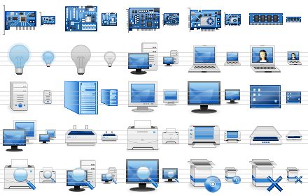 classic hardware icon set - network card, motherboard, sound card, video card, memory chip, light on, light off, computer, laptop, notebook, computer frame, server, crt monitor, lcd monitor, desktop, monitors, dot-matrix printer, laser printer, bubblejet, scanner, print preview, search computer, find in computer, install, uninstall icon