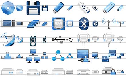 classic hardware icon set - cd, floppy, usb flash drive, pen drive, bluetooth-adapter, pcimci card, chip, processor, bluetooth, wi-fi, radio transmitter, portable radio transmitter, usb, lpt-plug, com-plug, network connection, network group, network structure, network computer, data transmission, device, hdd, cd drive, floppy drive, secure device icon