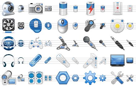 classic hardware icon set - web-camera, camera, battery, power, ups, cooler, mouse-pad, mouse, trackball, kid-track, game steering wheel, gamepad, joystick, microphone, audio-plug, headphones, mp3 player, remote-control, tv tuner, tv, camcorder, audio, female screw, pinion, tools icon