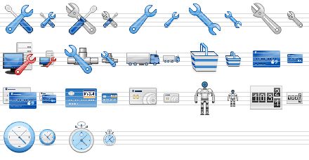 classic hardware icon set - configuration, options, spanner, wrench, monkey-wrench, repair computer, network tool, delivery, basket, credit card, credit cards, visa card, smart card, robot, counter, clock, timer icon
