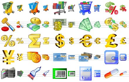 i-commerce icon set - hand cart, shopping cart, products, goods, sale, auction, money, money v2, money v3, currency exchange, percent, sum, dollar, euro, pound sterling, yen, coins, visa card, credit cards, wallet, purse, bar-code scanner, bar-code, price, pill icon