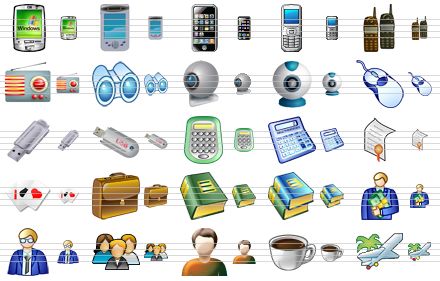 i-commerce icon set - pda, pda v2, iphone, cell phone, cell phones, radio, binoculars, web-camera, web-camera v2, mouse, usb-drive, usb-drive v2, calculator, calculator v2, certificate, playing cards, brief case, book, books, financier, book-keeper, customers, user, coffee, air-tickets icon